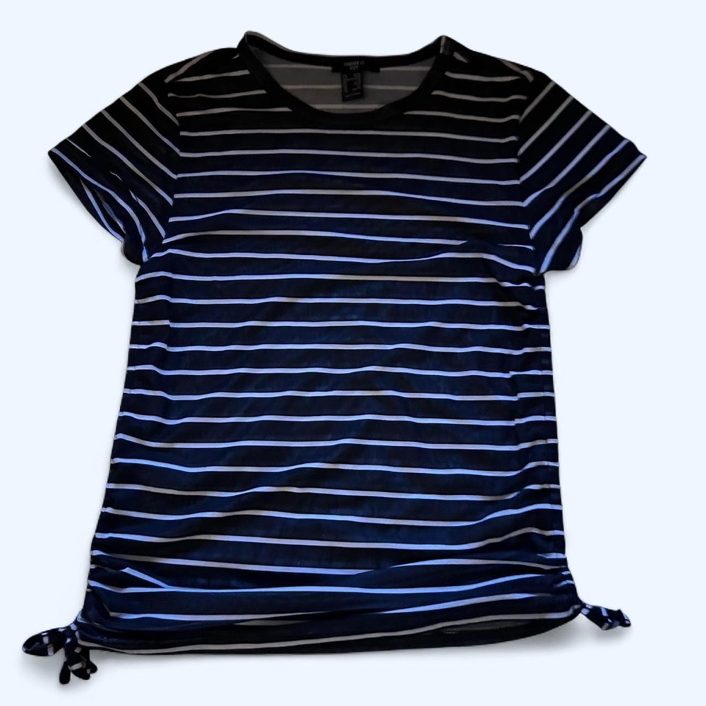 Forever 21 Black and White Striped Mesh Short Sleeve Top